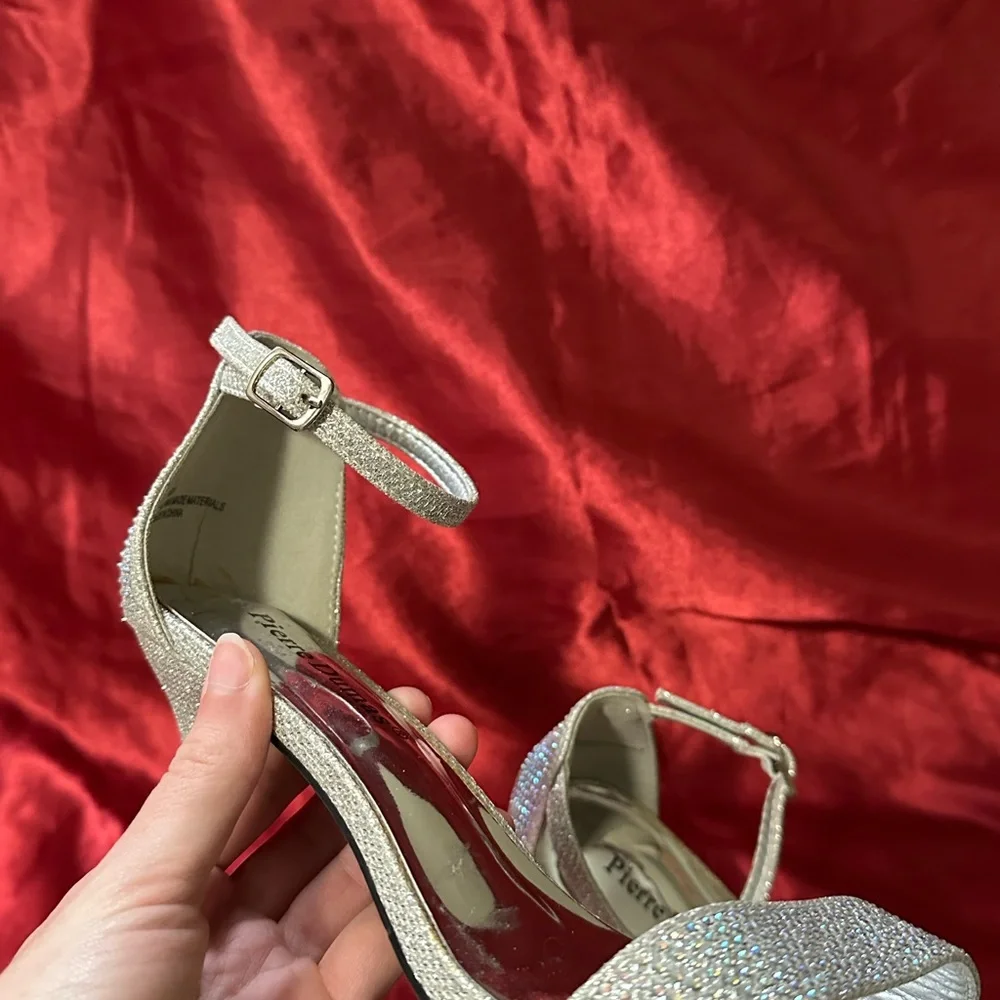 Silver Rhinestone Stiletto Heels with Ankle Straps size 7M 3” heel